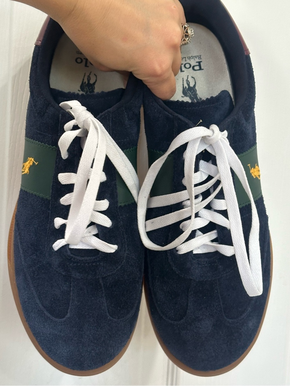 Polo by Ralph Lauren Navy Suede Sneaker with Green Panel & Yellow Logo - Picture 4 of 9